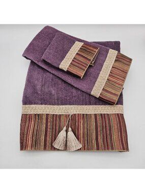Vintage Avanti Elegant Purple Metallic Stripe Tassel 3 Piece Towel Set